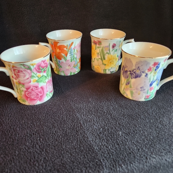 4 Lenox Porcelain Flowers Tea Cups Coffee Garden Glass Set - Picture 1 of 11